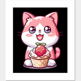 Cute Kawaii Cat and Ice Cream Posters and Art